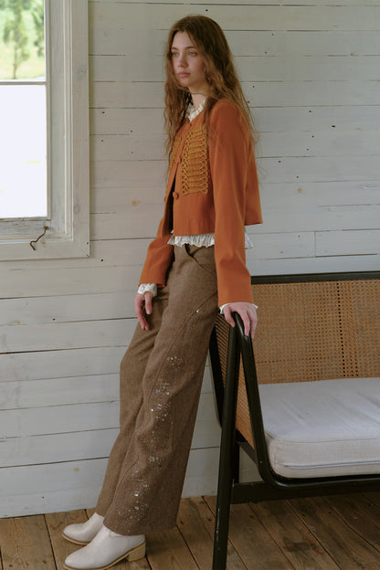 High-Waisted Loose Beaded Patchwork Wool Tweed Pants