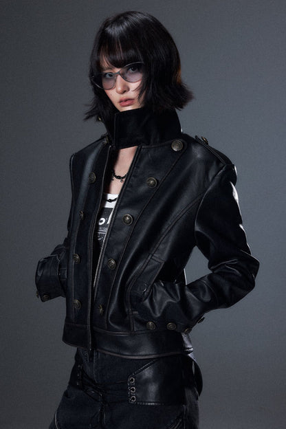 Veste en cuir punk vieilli à double boutonnage