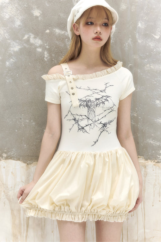 Sweet Cool Thorn Angel Print Off-Shoulder Dress