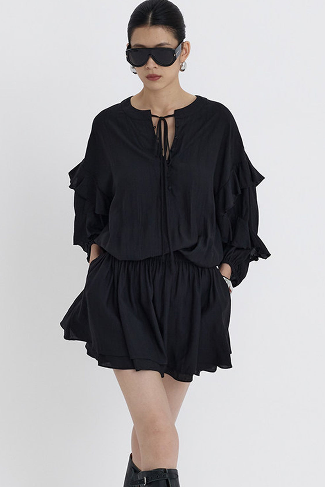 Black V-Neck Ruffle Lantern Sleeve Dress