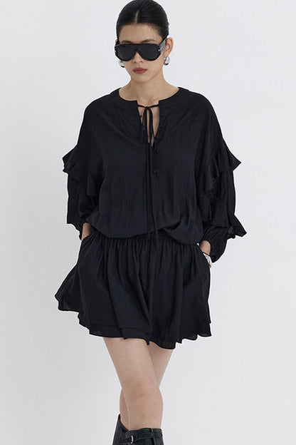 Black V-Neck Ruffle Lantern Sleeve Dress
