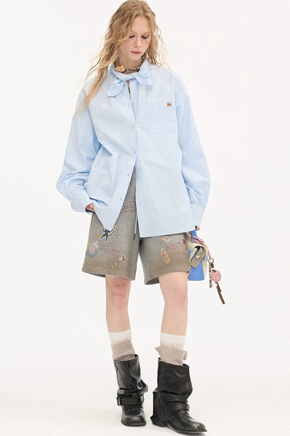 Washed Cotton Scarf-Style Blouse