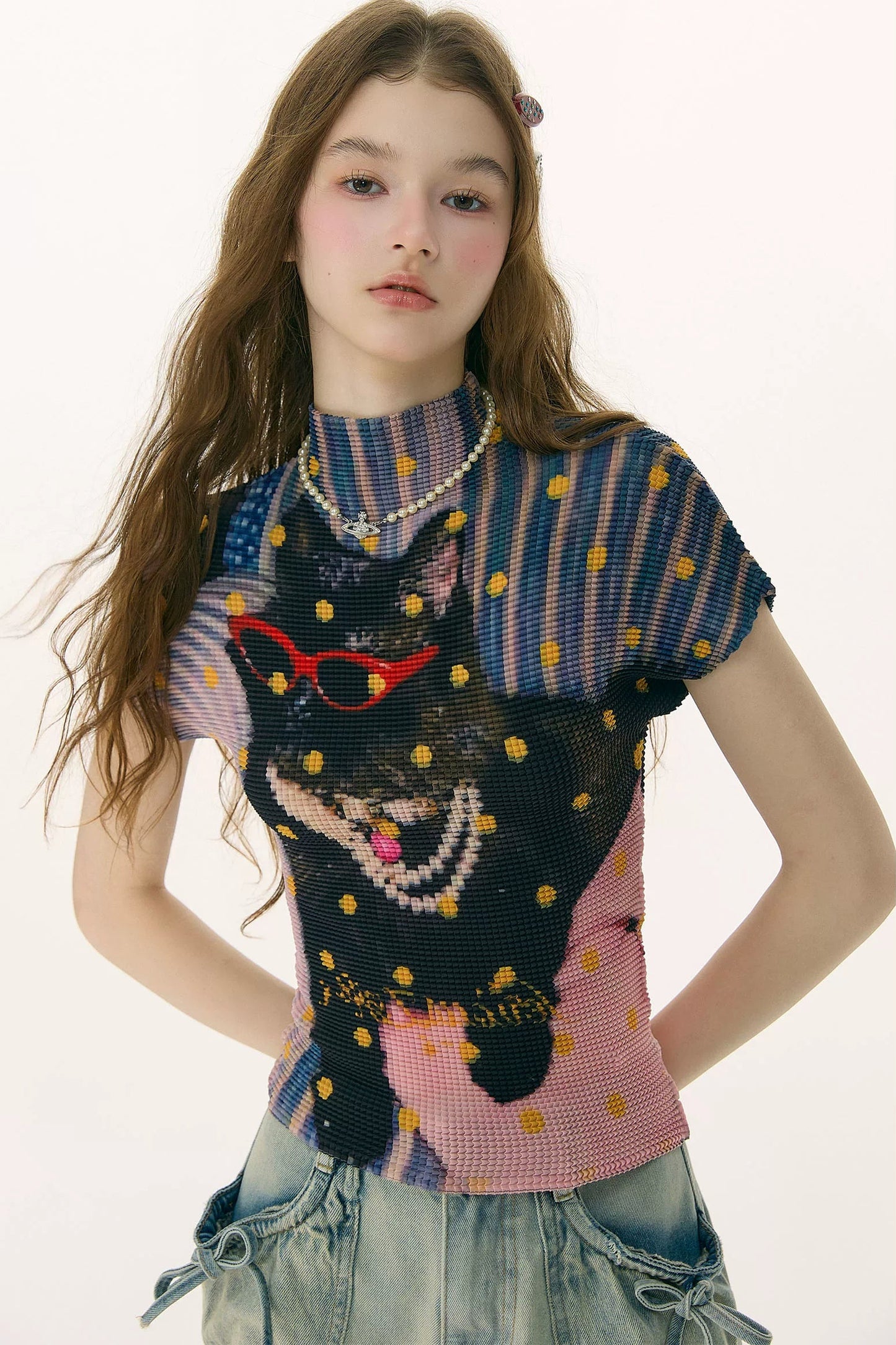 Polka Dot Pleated T-Shirt