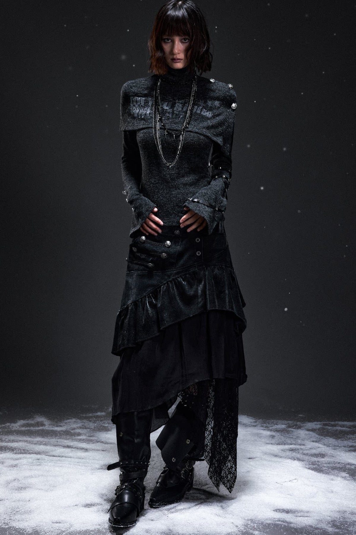 Palace-Style Suede Patchwork Asymmetrical Skirt