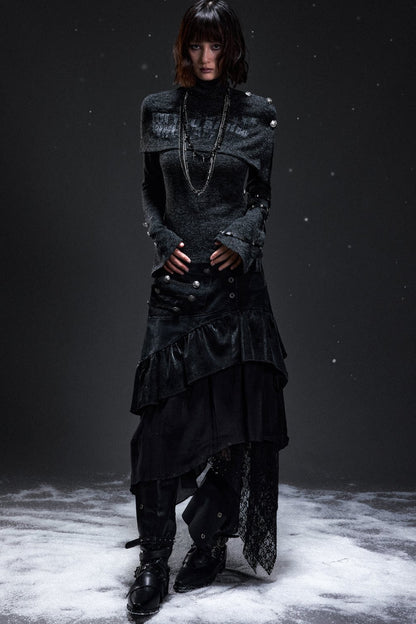Palace-Style Suede Patchwork Asymmetrical Skirt