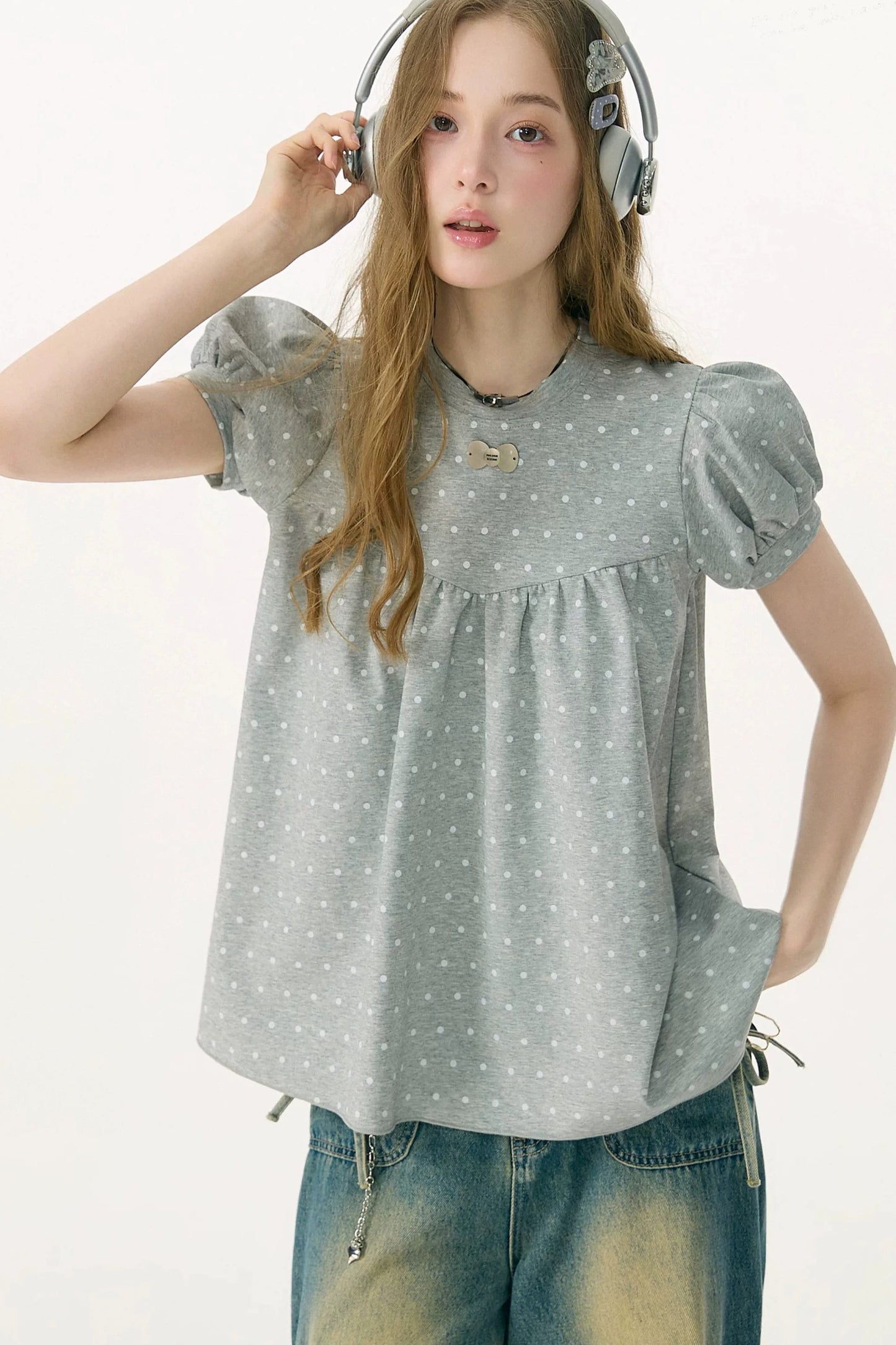 Dream Gray Polka Dot Blouse