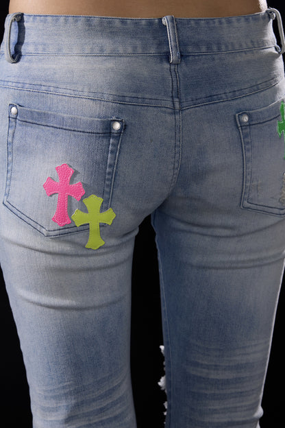 Light Blue Ripped Flared Jeans