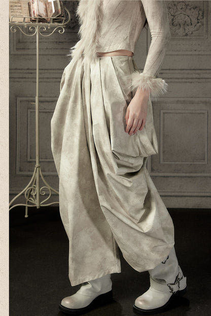 Beige Asymmetrical Stacked Long Pants