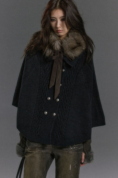 Detachable Fur Collar Cable Knit Cape