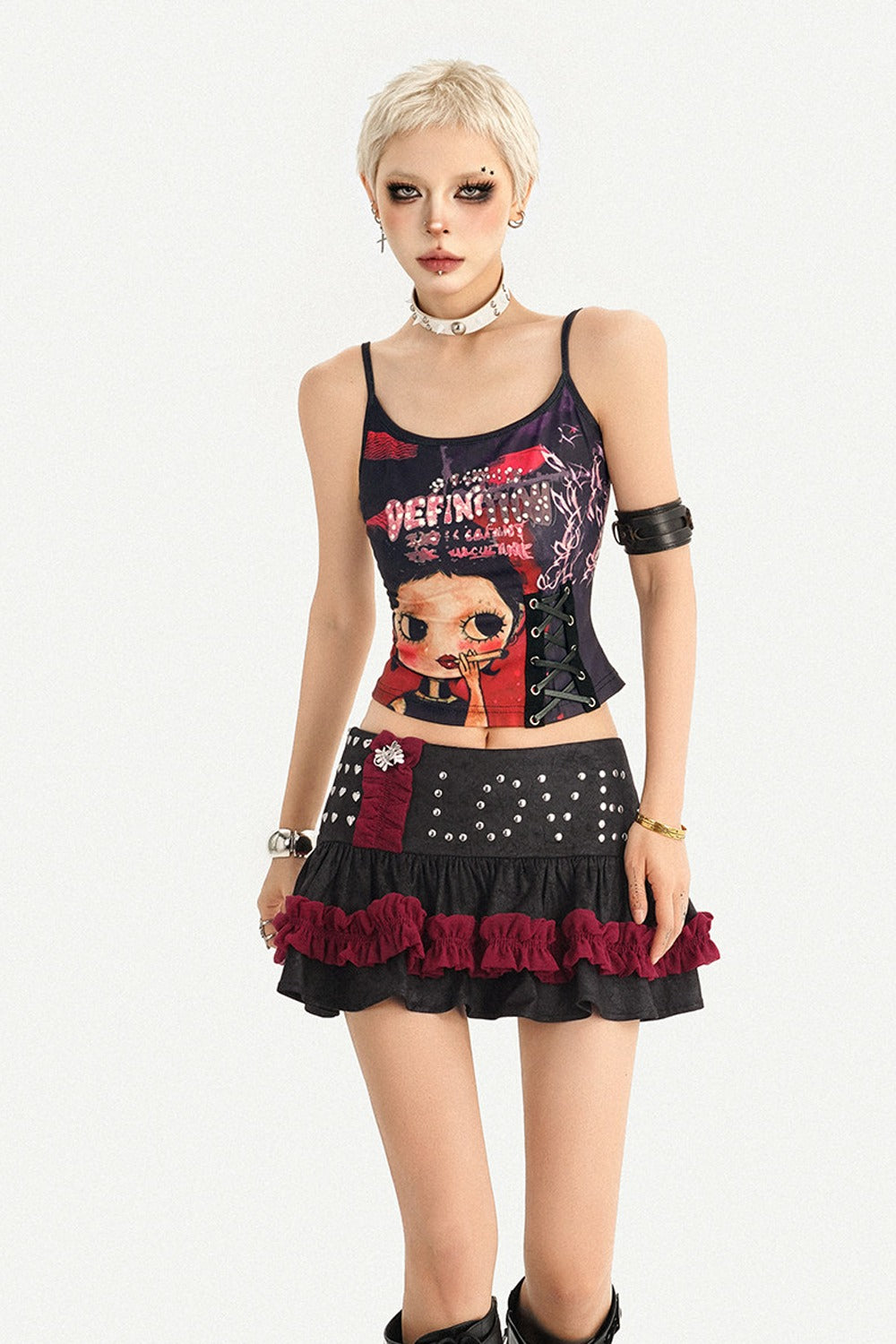 Y2K Graphic Tank Top and Rivet Tiered Skirt Set-Up