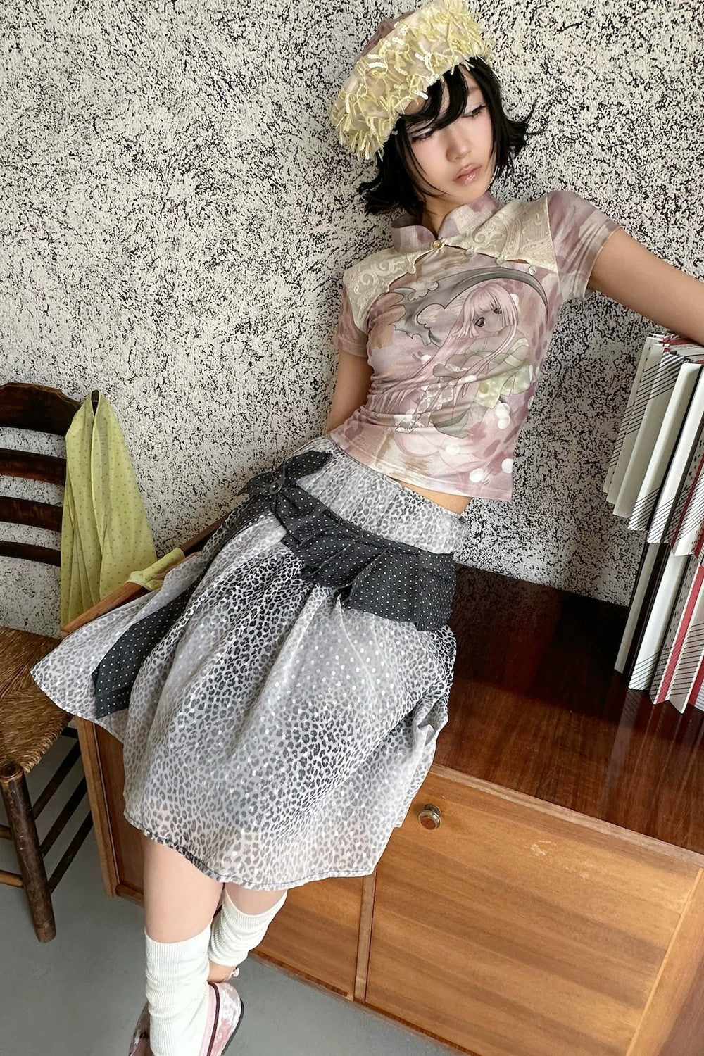 Leopard Floral Tie-Neck Midi Skirt