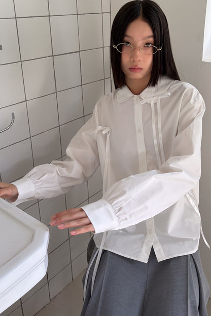 Pleated White Bow Doll Collar Shirt