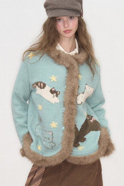 Cardigan à col en fausse fourrure avec motif de chat amusant