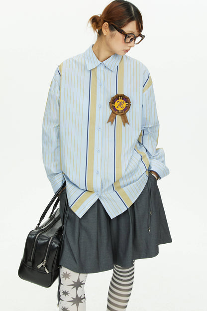 Blue Yellow Contrast Striped Long-Sleeved Shirt