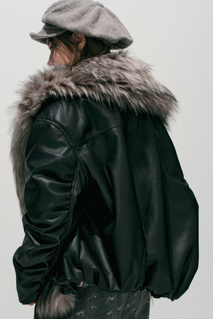 Large Fur Collar Leather Jacket
