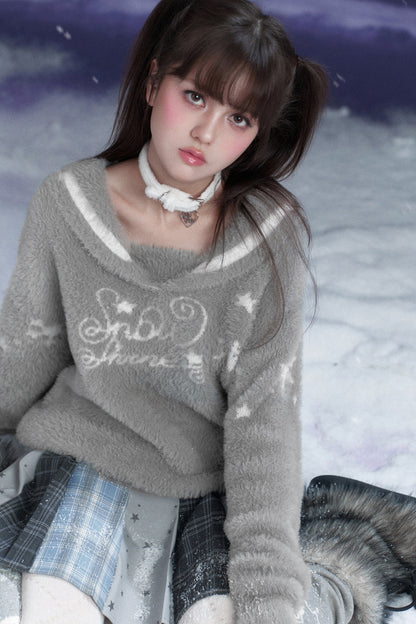 Gray Faux Mink Fur Sailor Collar Sweater