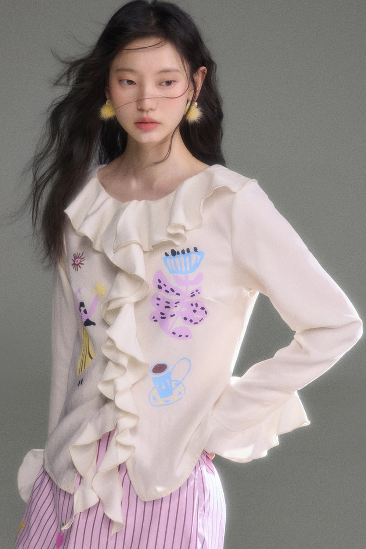 French Ruffle Flared Long-Sleeve Blouse