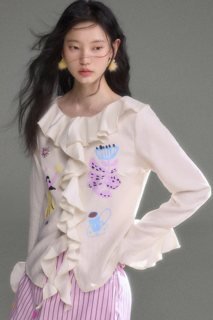 French Ruffle Flared Long-Sleeve Blouse