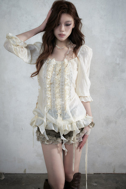 Ruffle Ribbon Puff Sleeve Blouse