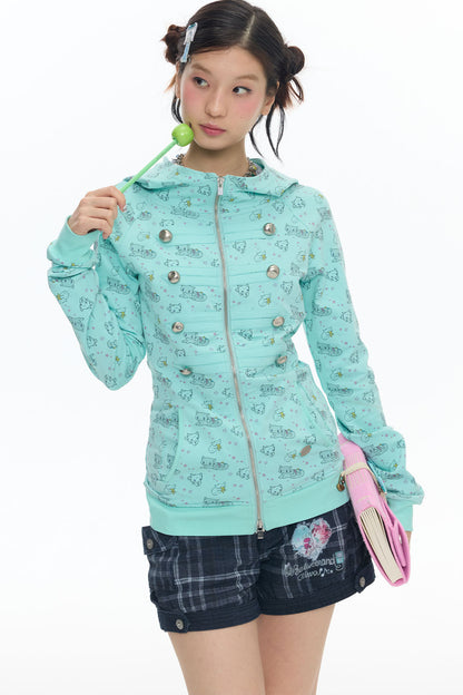 Mint Green Frog Double-Breasted Zipper Jacket