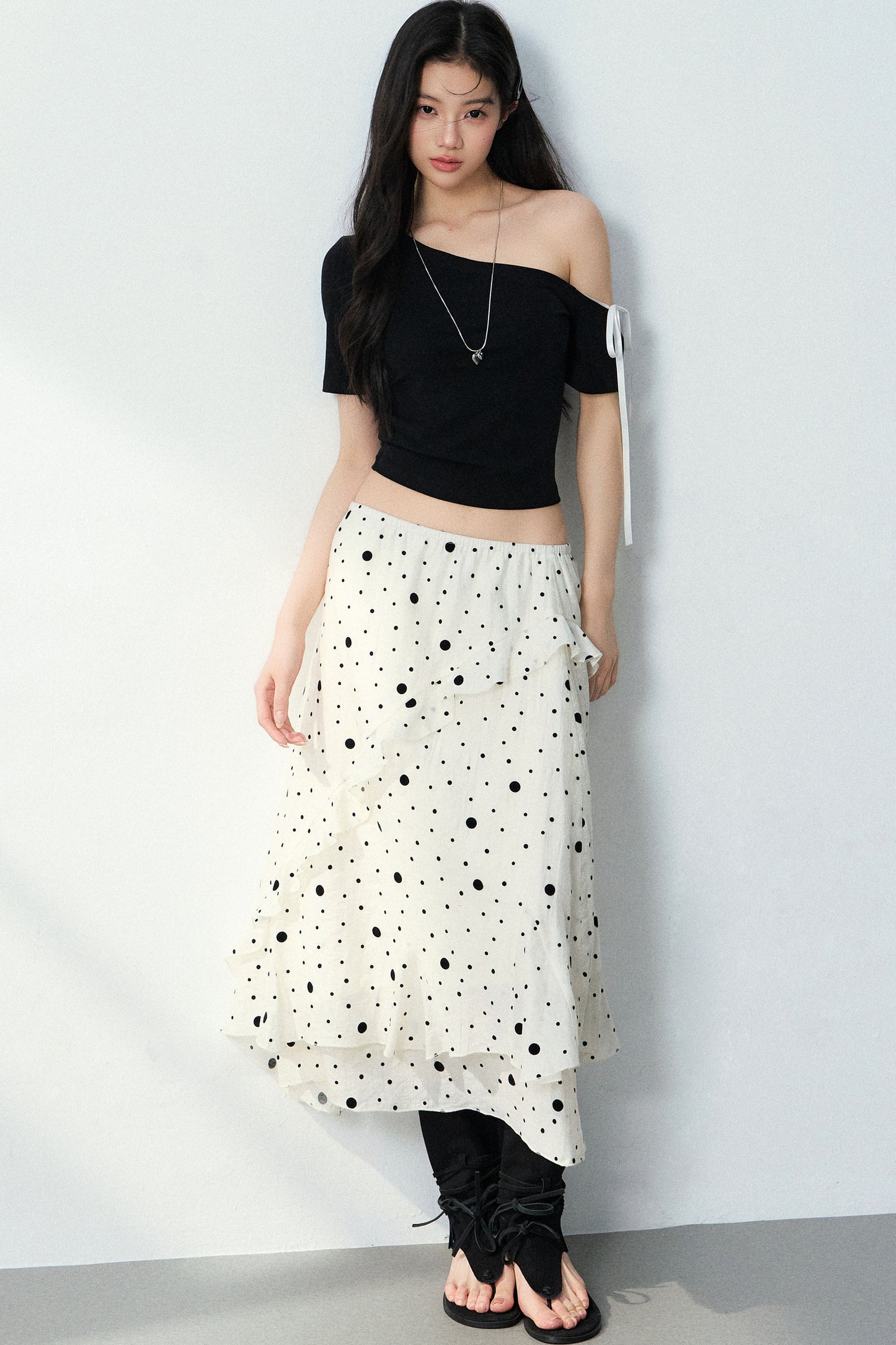 Flocked Polka Dot Ruffled A-Line Skirt and Top Set-Up