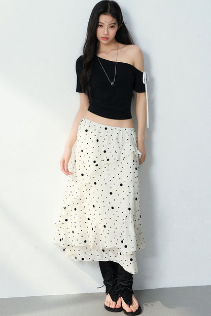 Flocked Polka Dot Ruffled A-Line Skirt and Top Set-Up