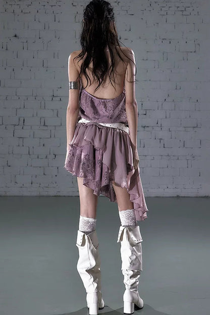 Abito halter con ruches in pizzo