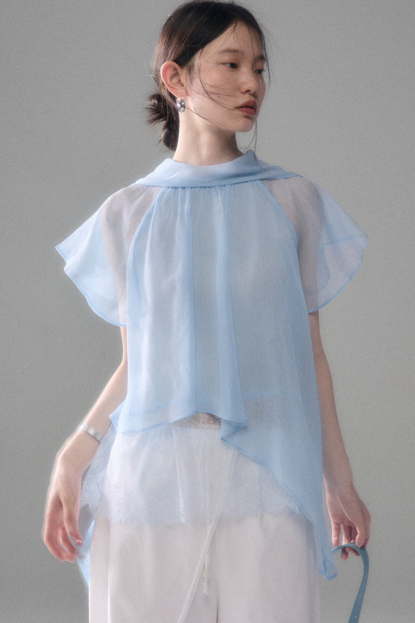 Sheer Blue Lace Ribbon Short Sleeve Top