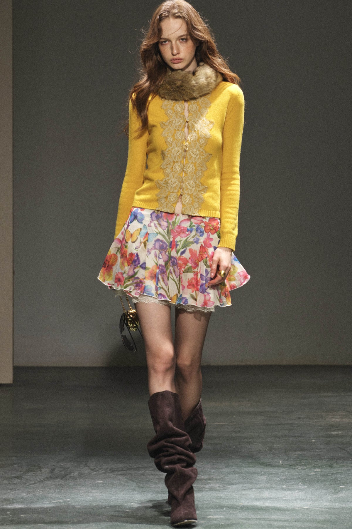 Lace Trim Wool Knit Cardigan and Chiffon Skirt