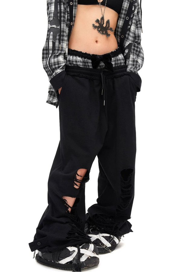 Velvet Bow Ripped Sweatpants