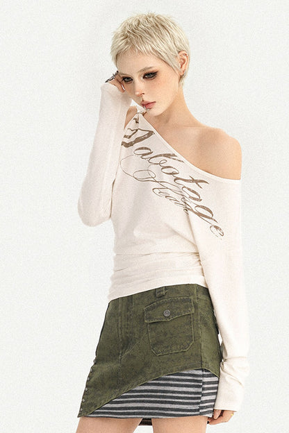 Off-Shoulder Letter Print Long-Sleeve T-Shirt