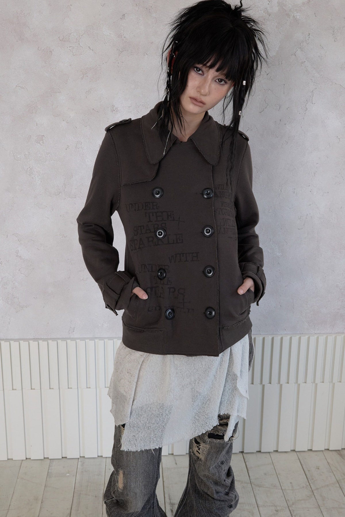 Trench Style Printed Unhemmed Double-Breasted Jacket