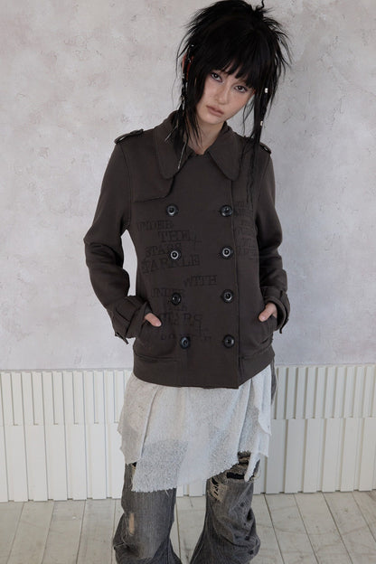Trench Style Printed Unhemmed Double-Breasted Jacket