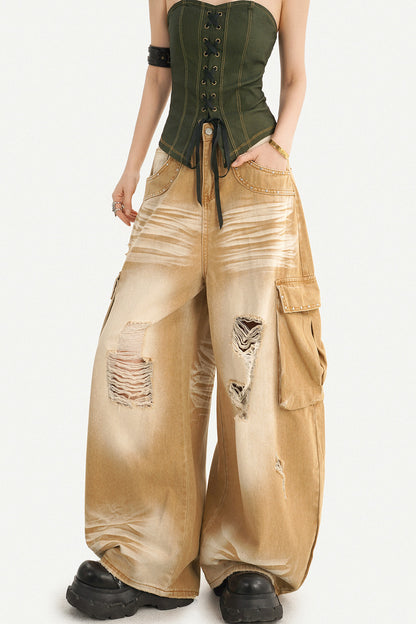 High-Waisted Ripped Workwear Jeans