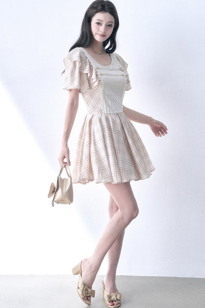 Knitted Patchwork Plaid Flutter-Sleeve Dress