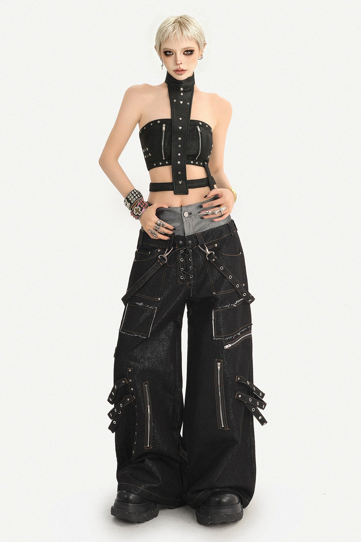 Punk Layered-Look Workwear Jeans