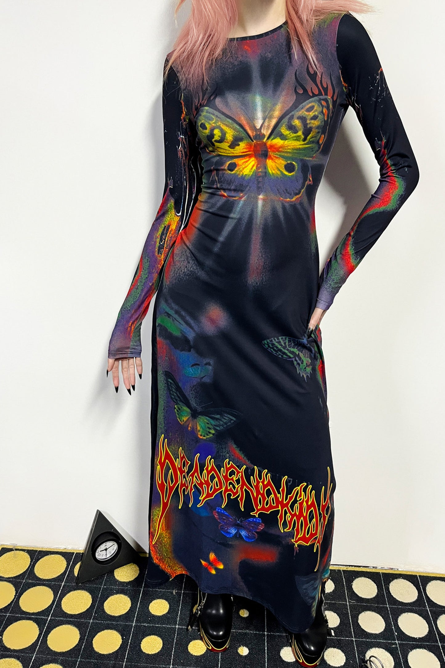 Butterfly Print Flame Long-Sleeved Dress