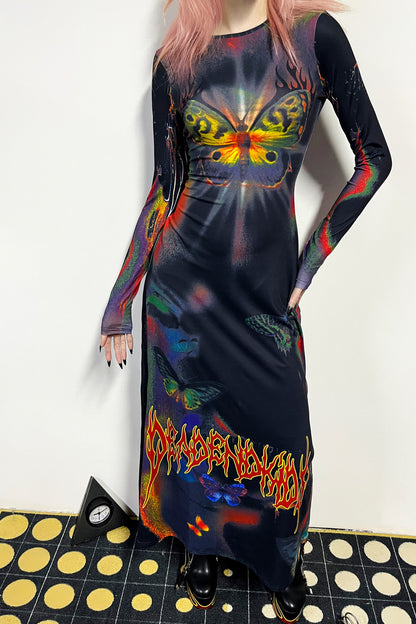 Butterfly Print Flame Long-Sleeved Dress