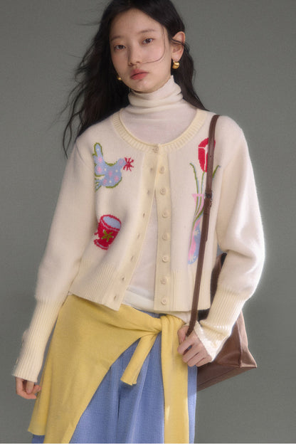 Tulip Bird Jacquard Knit Cardigan