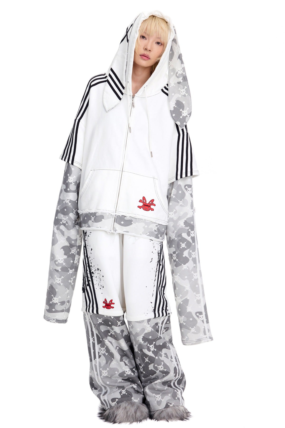 Skull Print Layered Bunny Ear Jacket