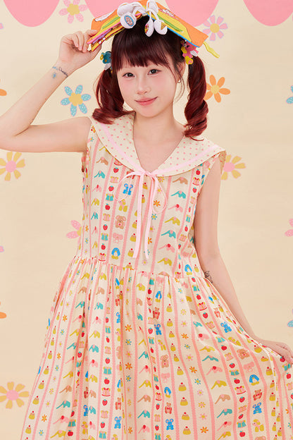 Ärmelloses Kleid mit Animal-Print und marineblauem Kragen