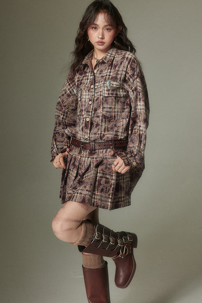 Plaid Shirt and Pleated Skirt Set-Up