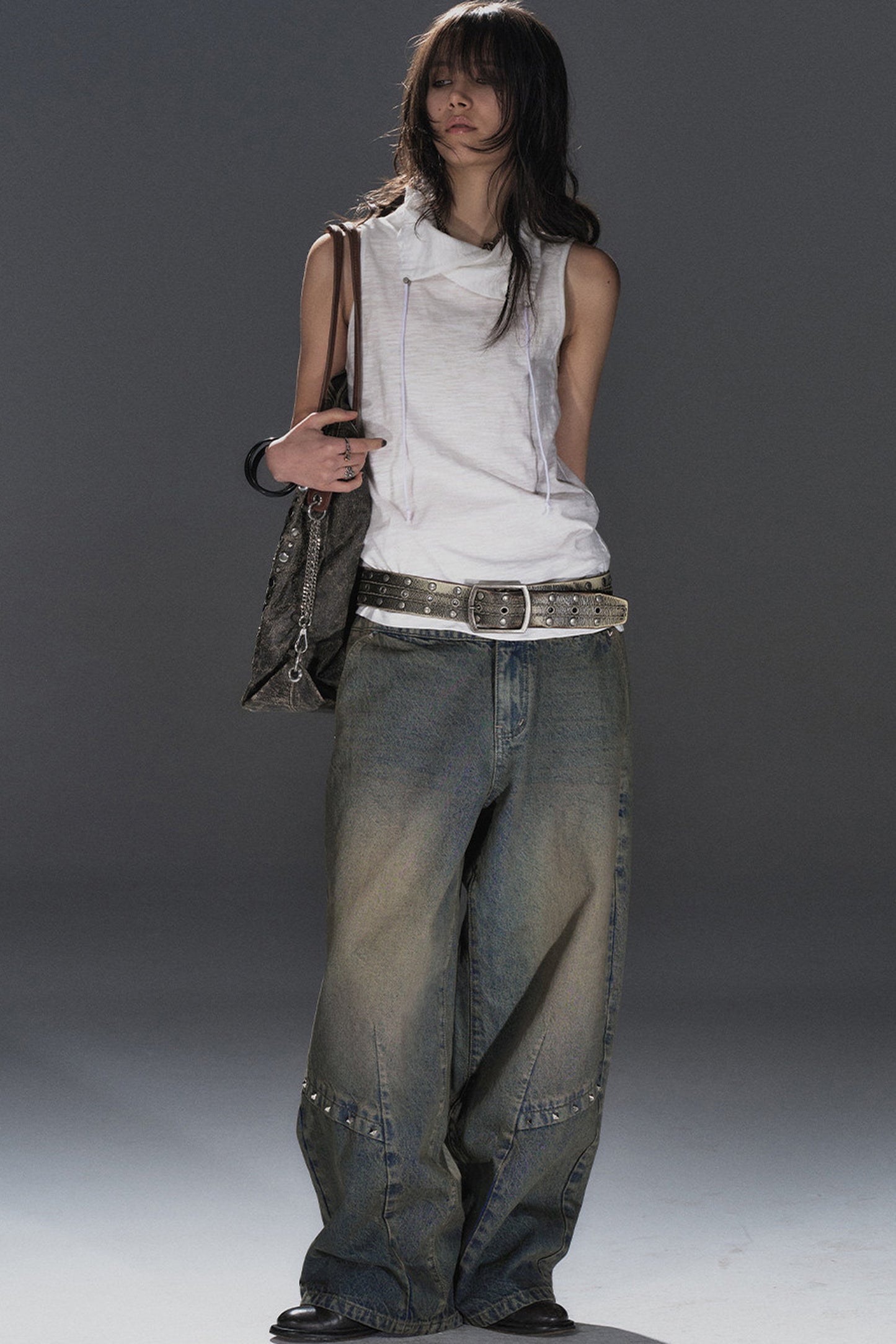 Waist Rivet Split Wide-Leg Denim Jeans