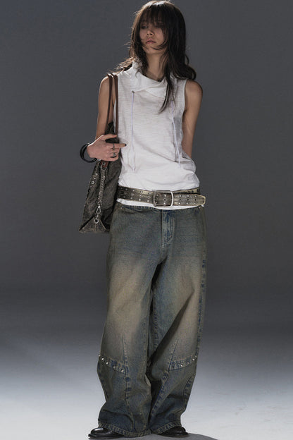 Waist Rivet Split Wide-Leg Denim Jeans