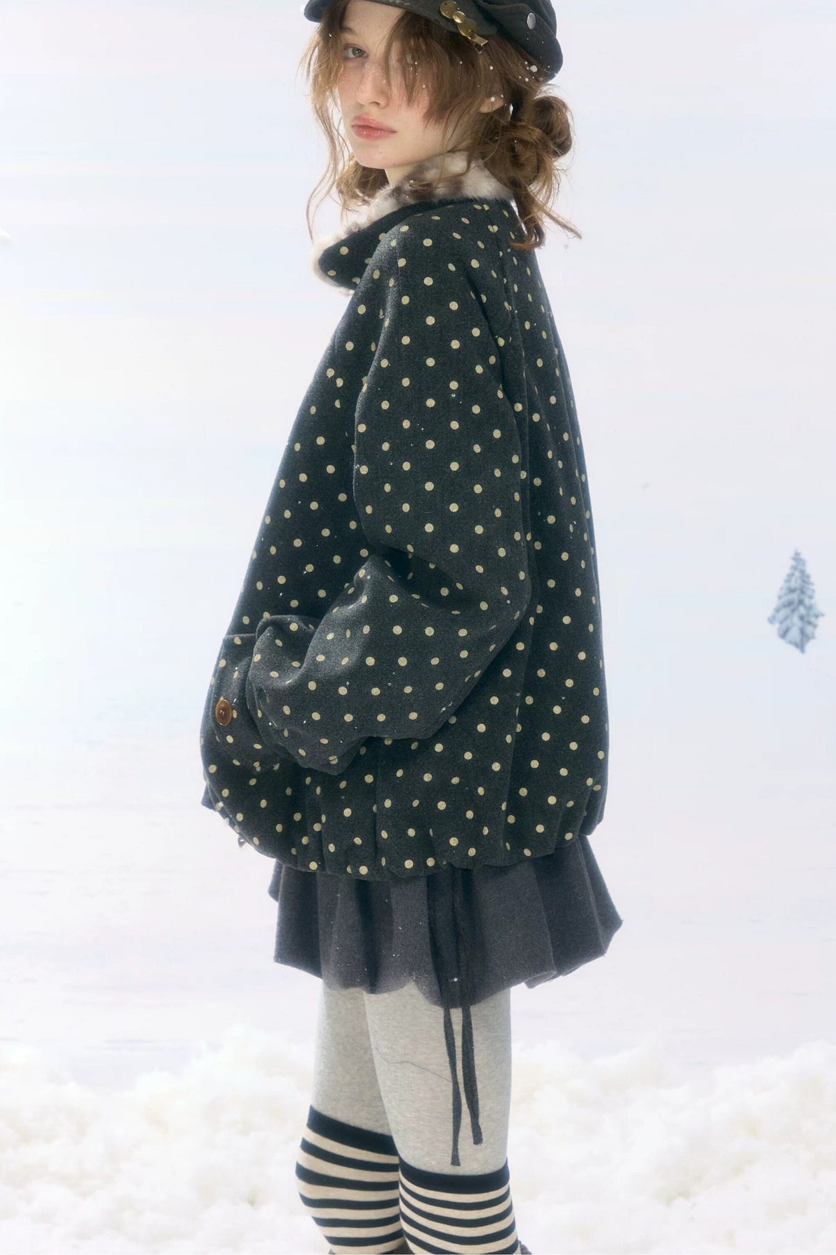 Short Polka Dot Plush Collar Cotton Jacket
