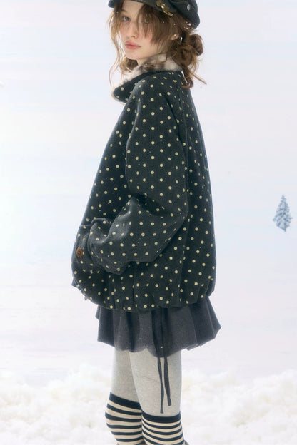 Short Polka Dot Plush Collar Cotton Jacket