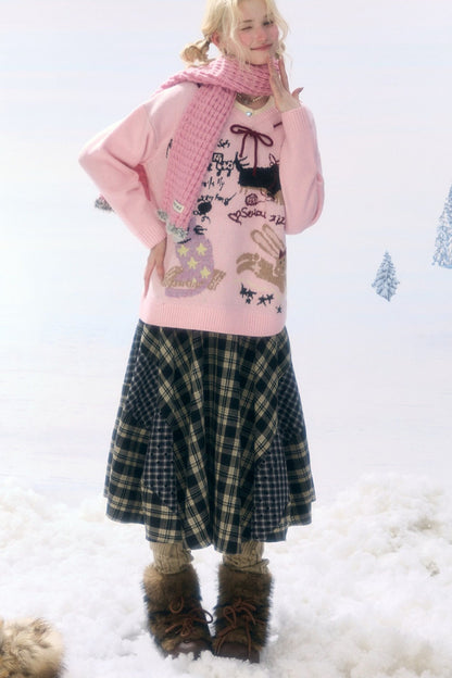 Pink Cartoon Print V-Neck Sweater