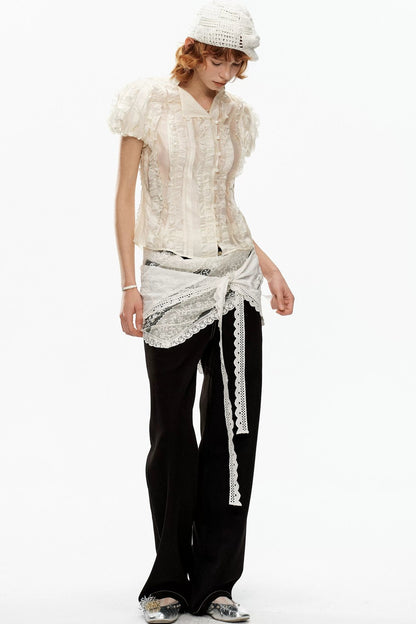 Beige Jacquard Puff Sleeve Blouse