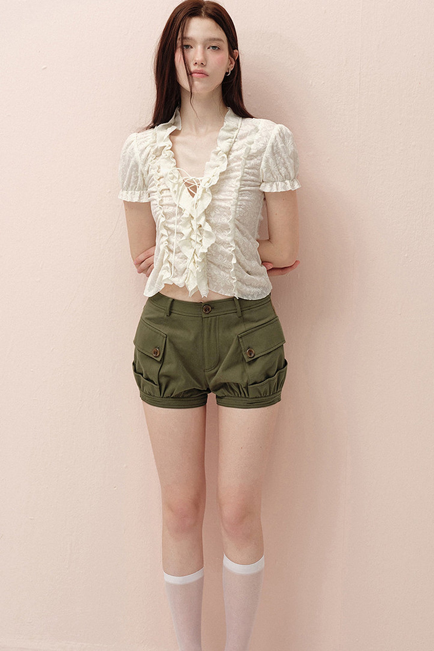 Beige Chest-Tie Ruffle V-Neck Blouse