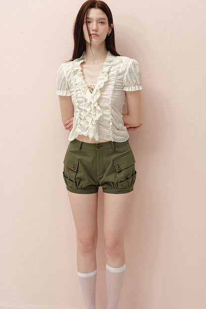 Beige Chest-Tie Ruffle V-Neck Blouse